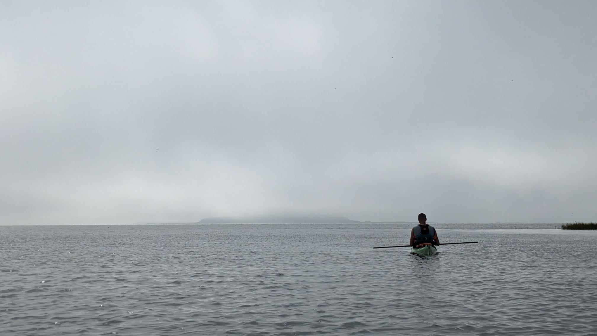 Baidarininkai irkluoja miglotoje upėje saulėtekio metu